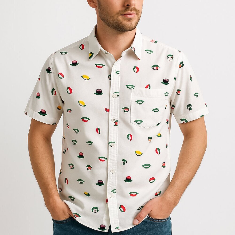 Straight Faded Cotton Sushi Print Short Sleeve Button Down Shirt Festivalcore L